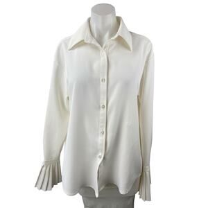 Commense Womens White Long Bell Sleeve Pleated Button Up Blouse Shirt Top Size S